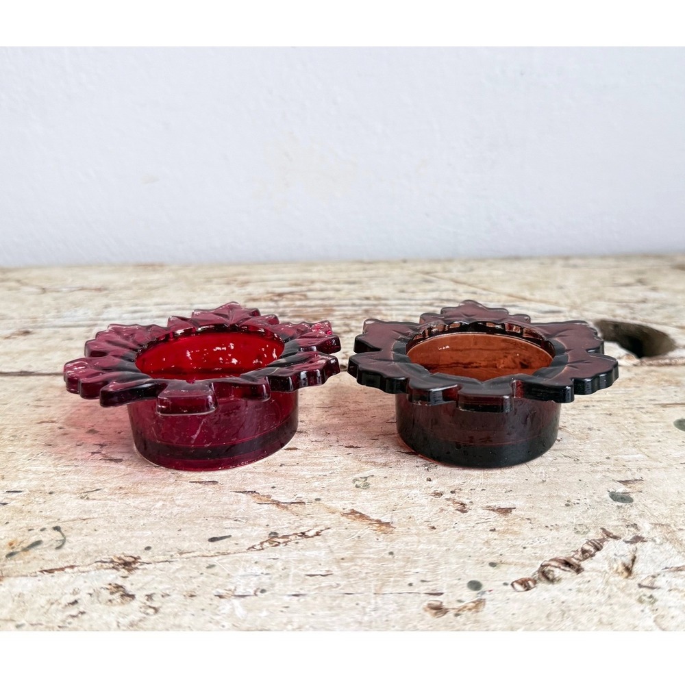 Vintage Red Amber Glass Maple Leaf Tealight Candle Holders Set of 2 CSGB